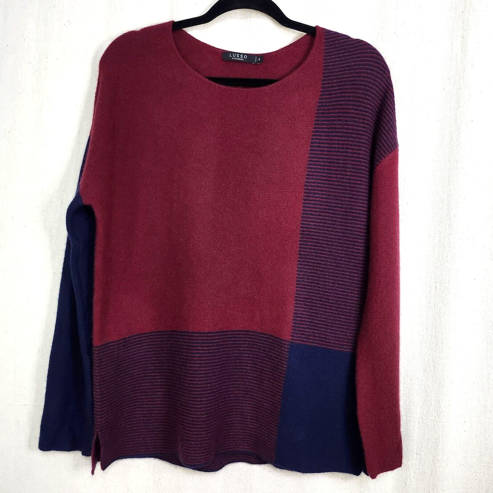 Lusso 100% Cashmere Classic Sweater Womens Small Plaid Knit Lofty Color Block